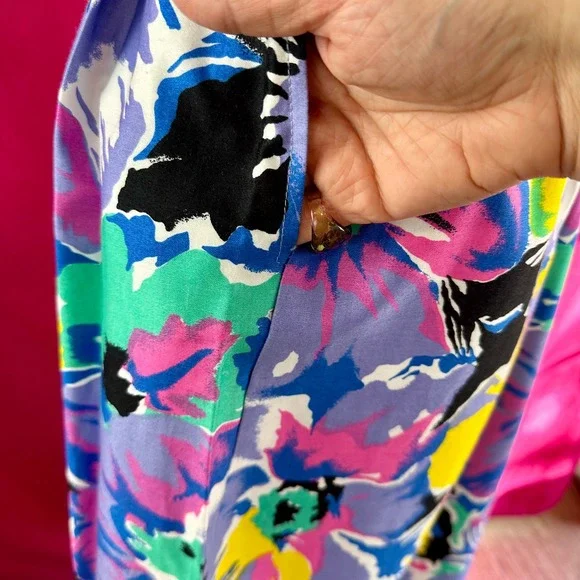 Vintage 80s 90s Floral Pleated Midi Long Skirt Lavender Pink Teal Cotton Size 14 - Picture 3 of 17